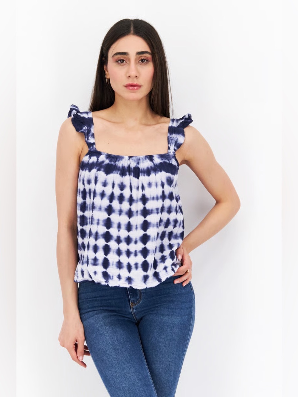 Tie-Dye Navy and White Ruffle Strap Tank Top